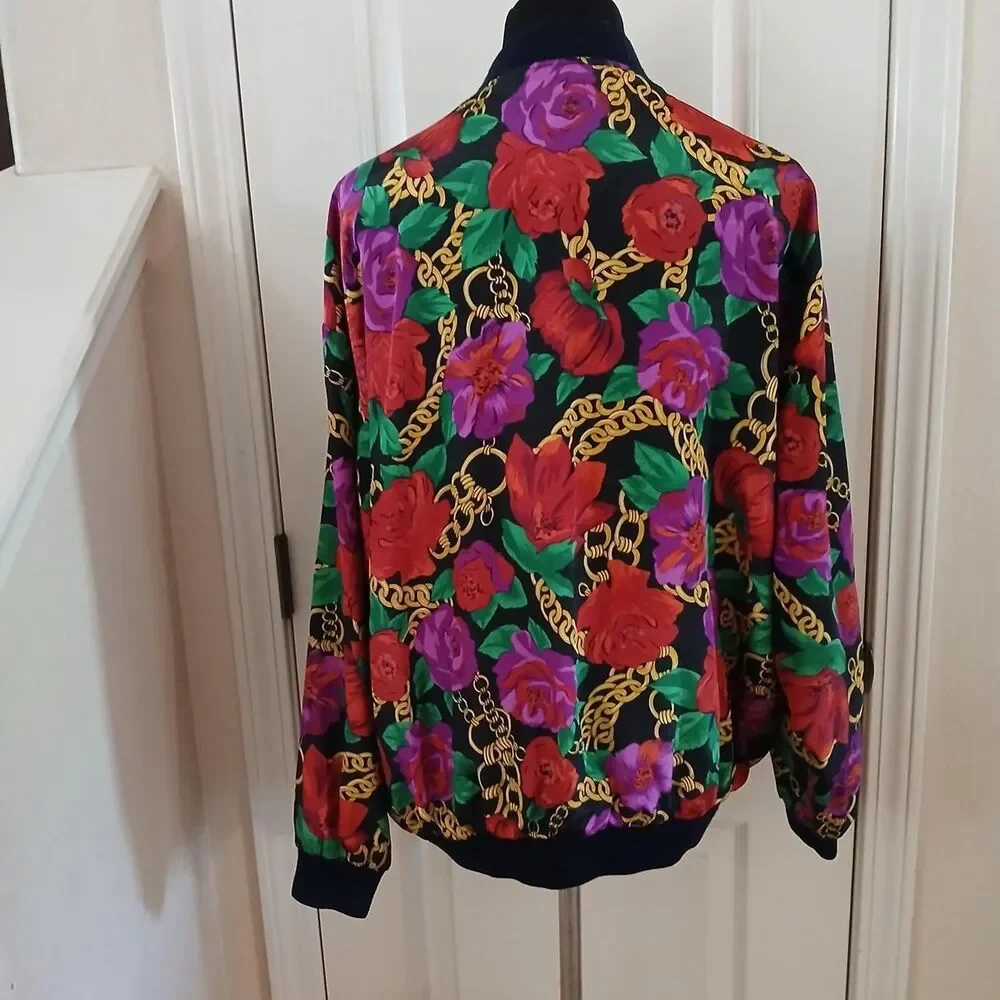 Vintage 90s Vibrant All Over Print Floral Gold Chain Bomber Jacket Dopamine